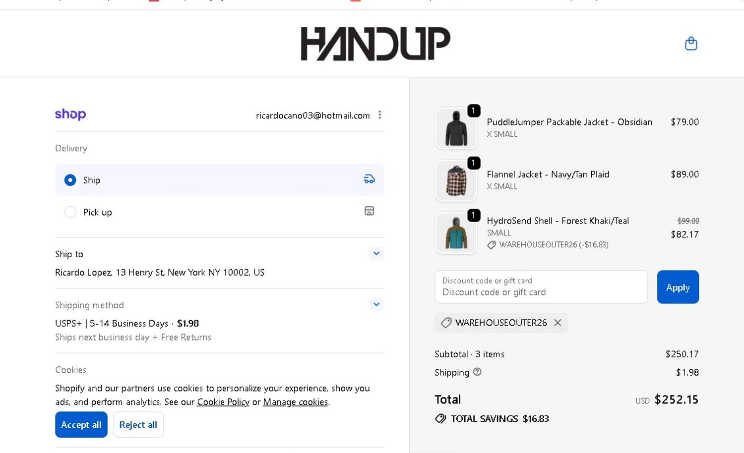 Handup Gloves promo code screenshot showing code WAREHOUSEOUTER26 applied at Handup Gloves checkout page. Uploaded by SimplyCodes community member LAMINEJAMAL on Feb 21, 2026