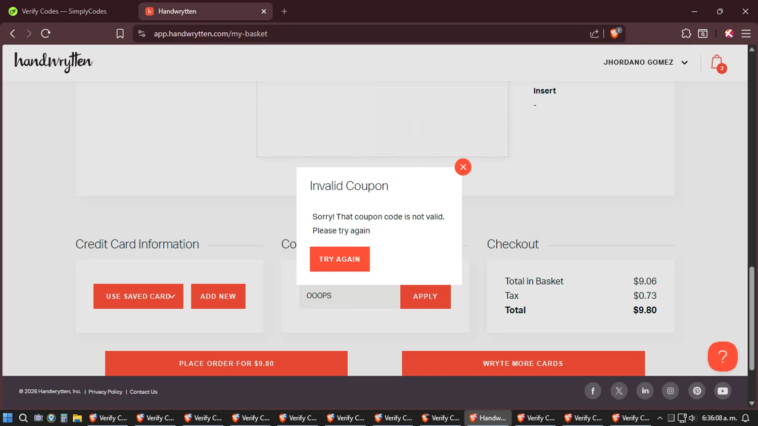 Handwrytten promo code screenshot showing code OOOPS applied at Handwrytten checkout page. Uploaded by SimplyCodes community member Shizuku on Feb 19, 2026