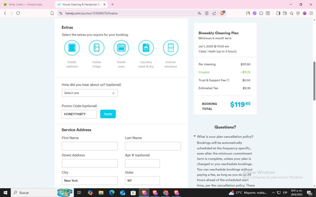 Handy checkout page showing Handy promo code box | Screenshot taken by SimplyCodes community member on Jun 29, 2025