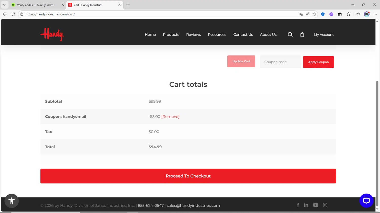 Handy Industries promo code screenshot showing code HANDYEMAIL applied at Handy Industries checkout page. Uploaded by SimplyCodes community member Time_sin_filtro on Mar 20, 2026