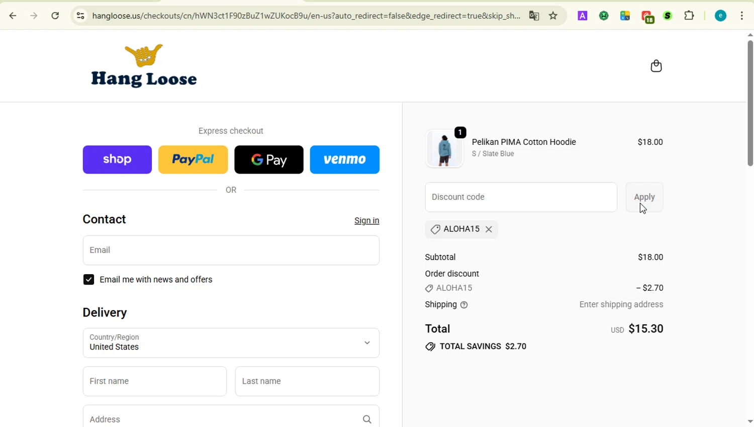 Hang Loose promo code screenshot showing code ALOHA15 applied at Hang Loose checkout page. Uploaded by SimplyCodes community member LOVECOUPON on Oct 1, 2025