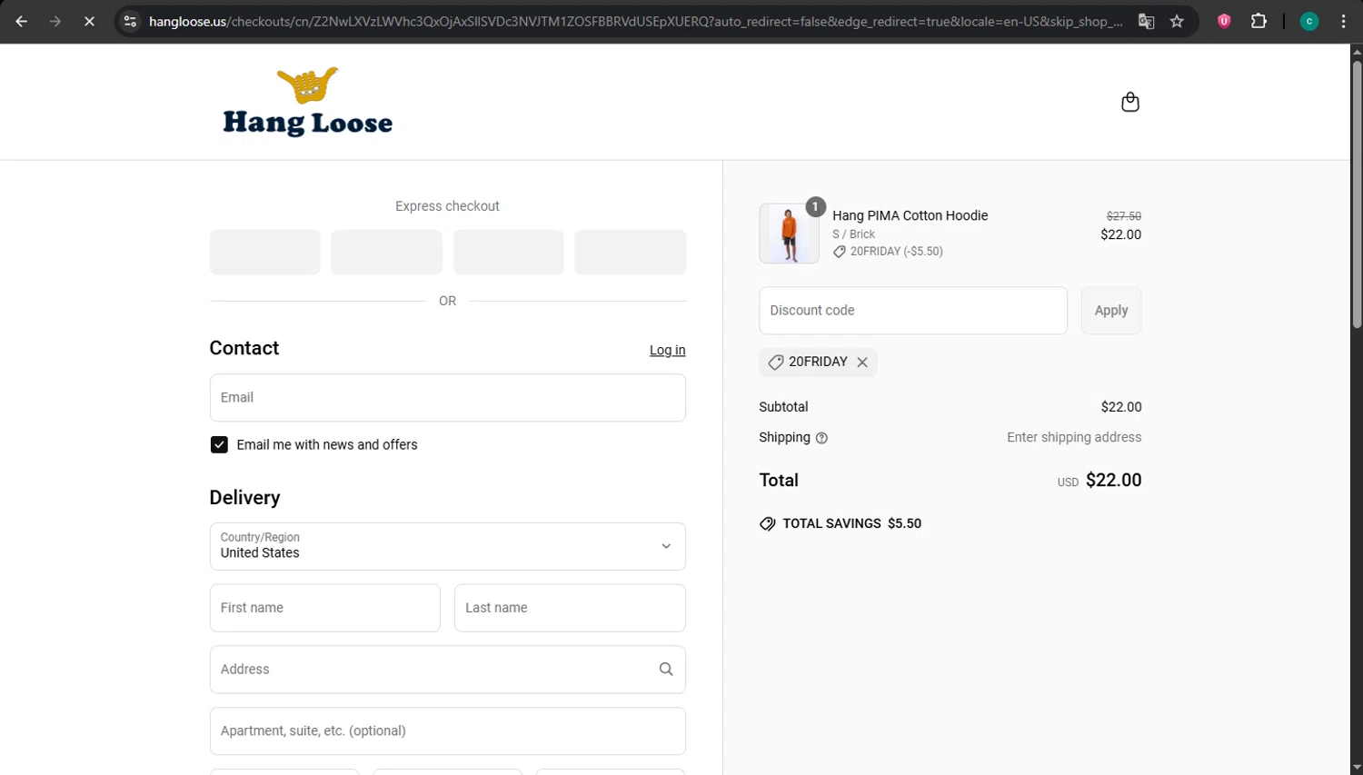 Hang Loose promo code screenshot showing code 20FRIDAY applied at Hang Loose checkout page. Uploaded by SimplyCodes community member WiseMonarch3906 on Jun 27, 2025