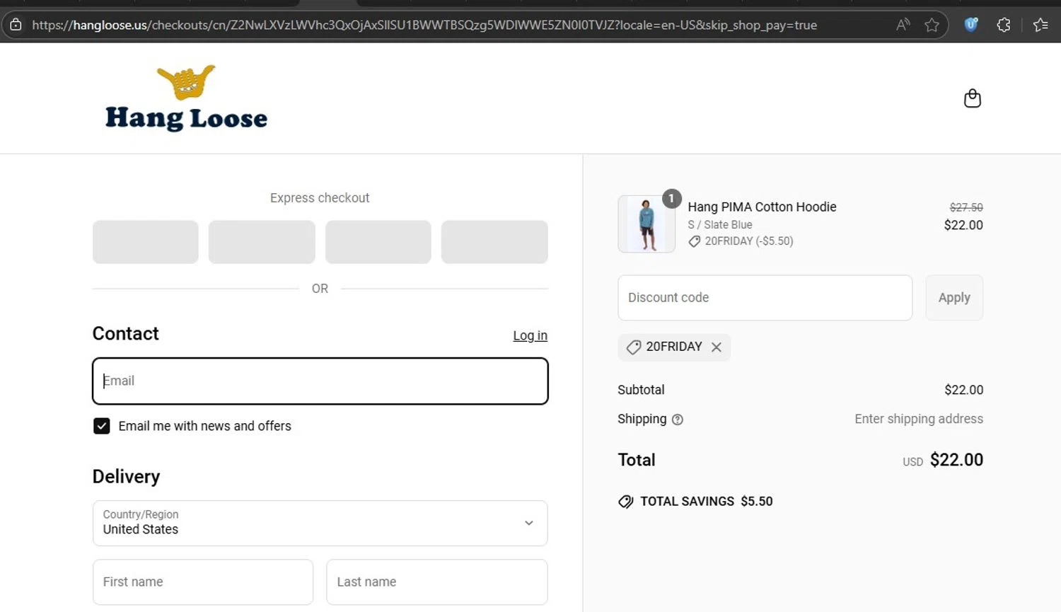Hang Loose promo code screenshot showing code 20FRIDAY applied at Hang Loose checkout page. Uploaded by SimplyCodes community member HonestVzla on Jun 27, 2025