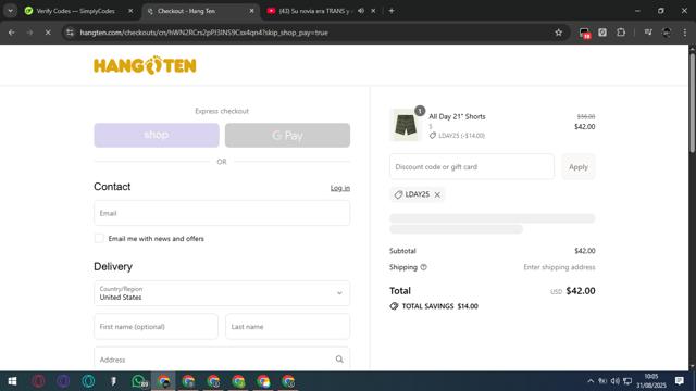 Hang Ten checkout page showing Hang Ten promo code box | Screenshot taken by SimplyCodes community member on Aug 31, 2025