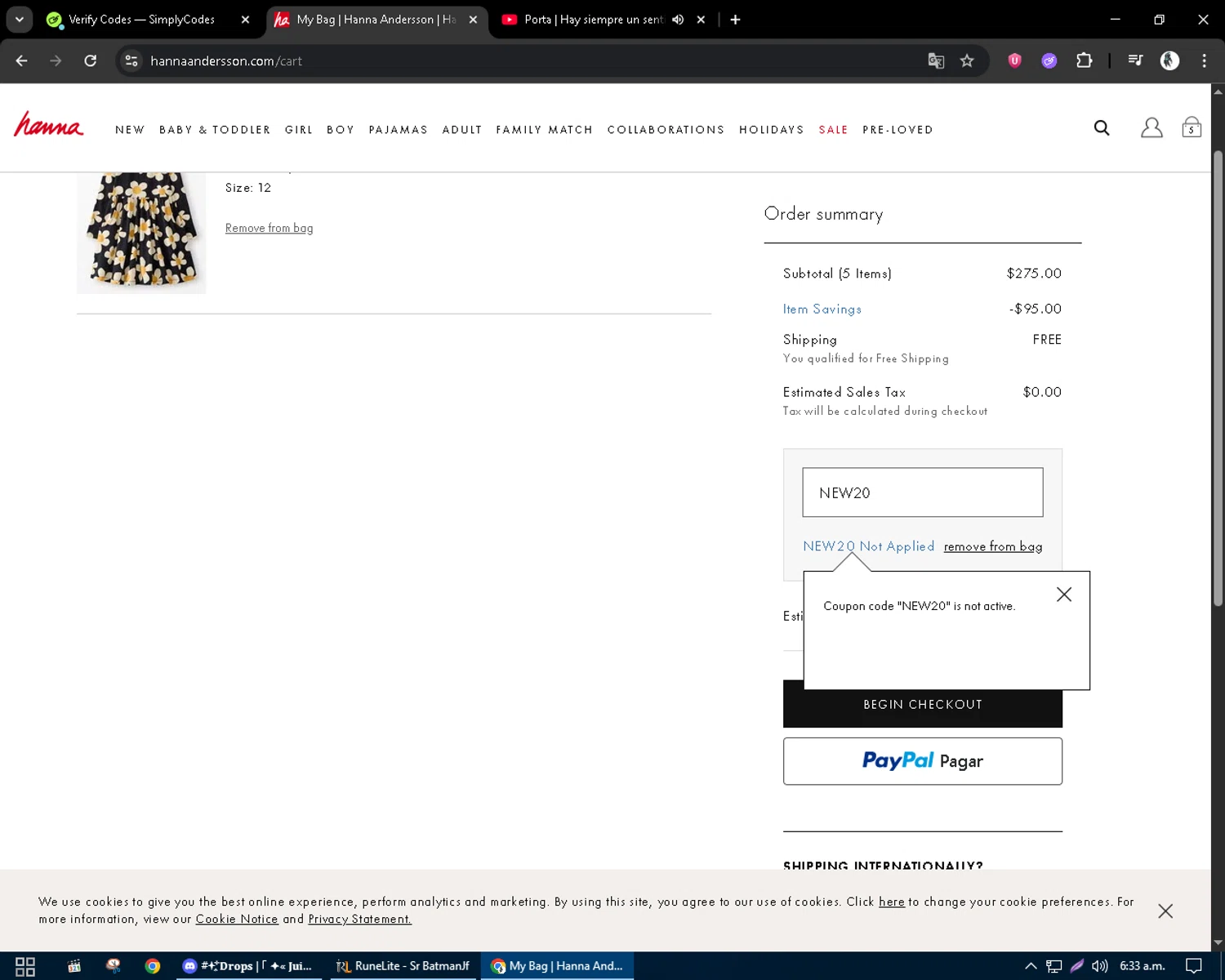 Hanna Andersson promo code screenshot showing code NEW20 applied at Hanna Andersson checkout page. Uploaded by SimplyCodes community member CleverSentinel9441 on Aug 6, 2025