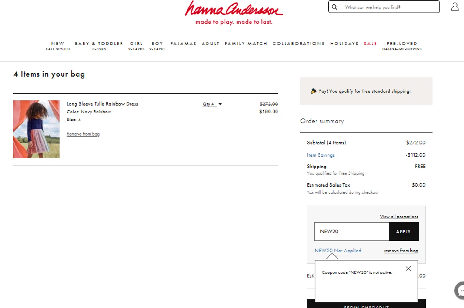 Hanna Andersson promo code screenshot showing code NEW20 applied at Hanna Andersson checkout page. Uploaded by SimplyCodes community member CouponLion3243 on Aug 6, 2025