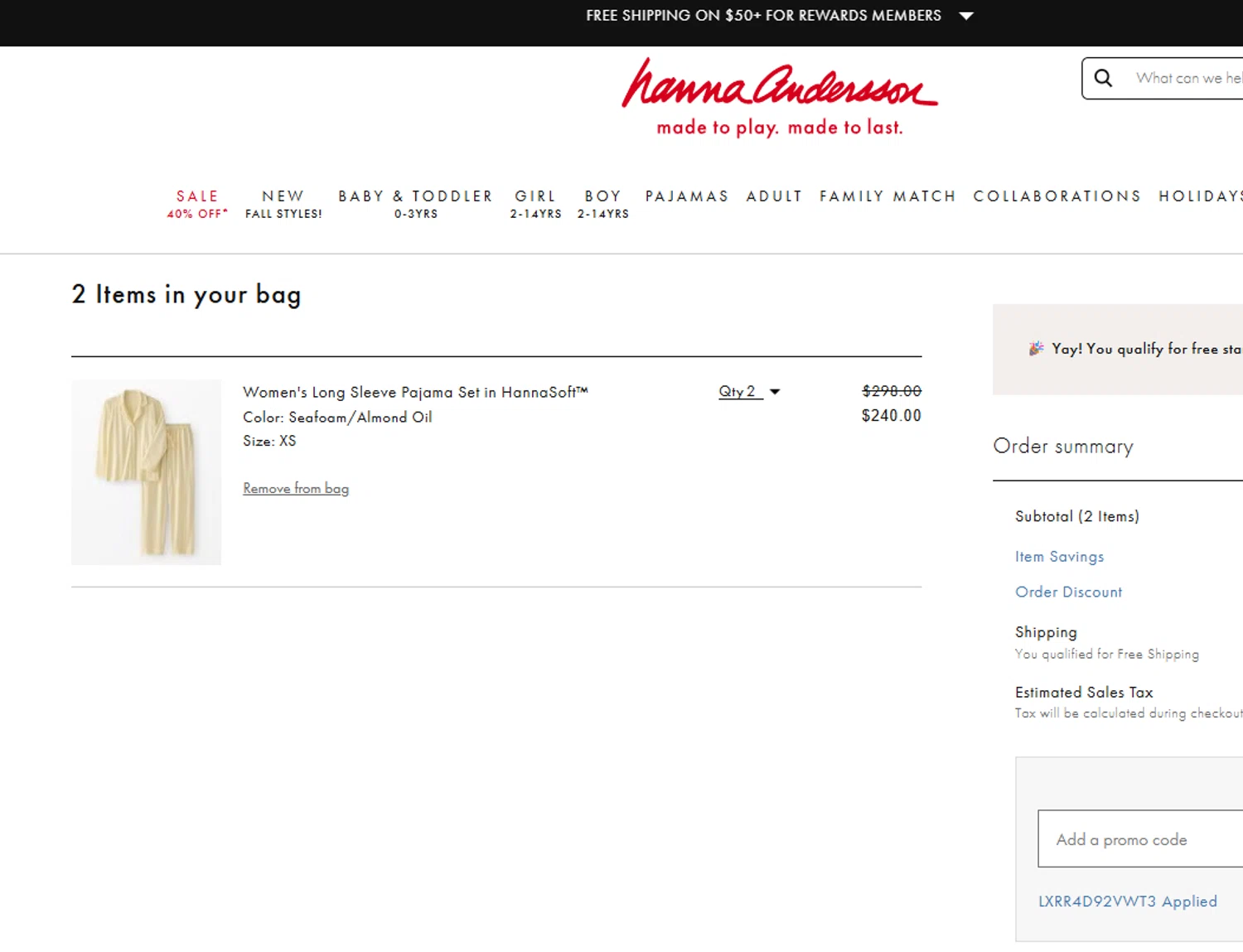Hanna Andersson promo code screenshot showing code LXRR4D92VWT3 applied at Hanna Andersson checkout page. Uploaded by SimplyCodes community member ______ on Aug 25, 2025
