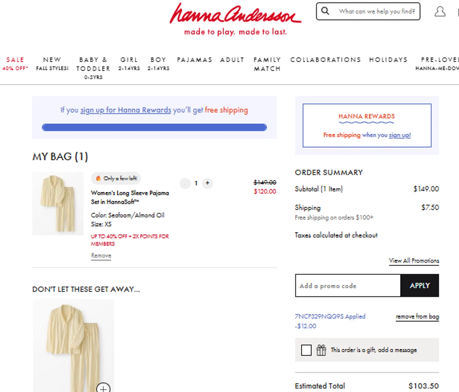 Hanna Andersson promo code screenshot showing code 7NCP329NQG9S applied at Hanna Andersson checkout page. Uploaded by SimplyCodes community member ______ on Aug 23, 2025