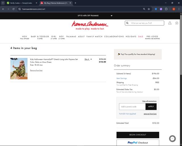 Hanna Andersson checkout page showing Hanna Andersson promo code box | Screenshot taken by SimplyCodes community member on Sep 4, 2025
