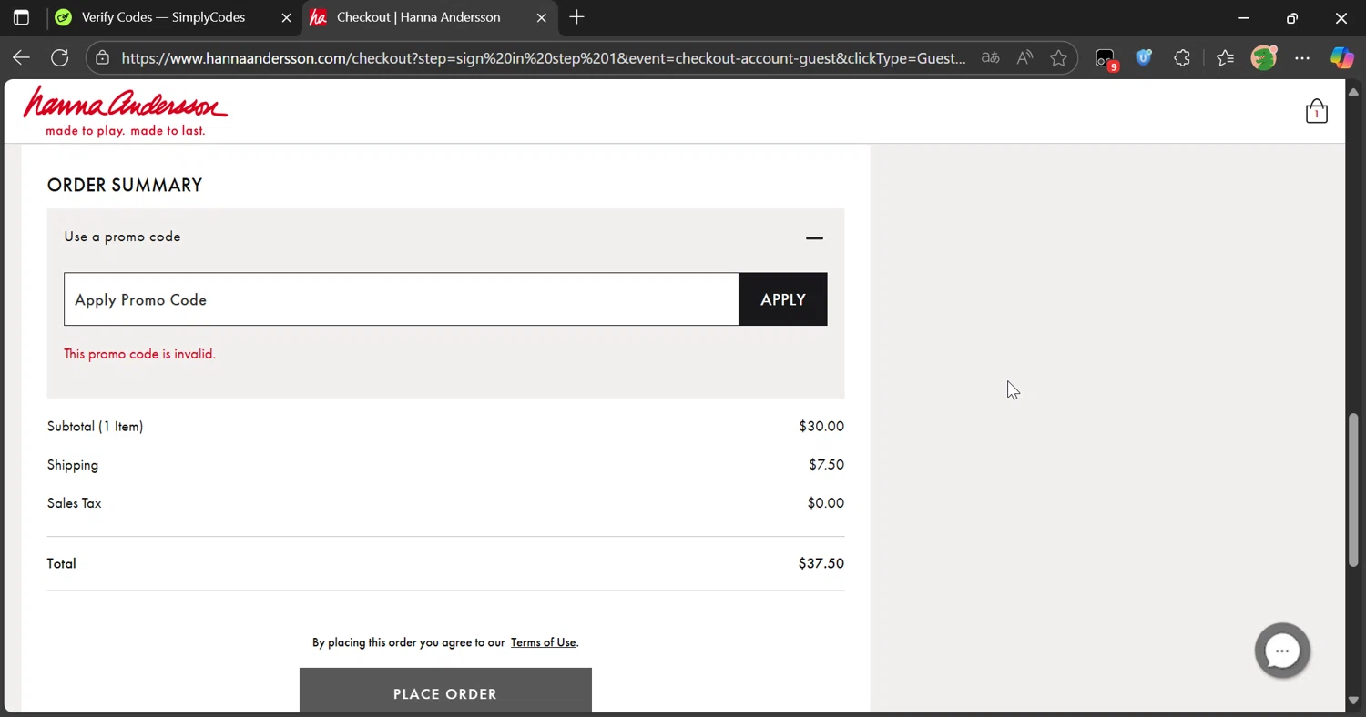 Hanna Andersson promo code screenshot showing code FUN20 applied at Hanna Andersson checkout page. Uploaded by SimplyCodes community member Eltoro20 on Aug 19, 2025