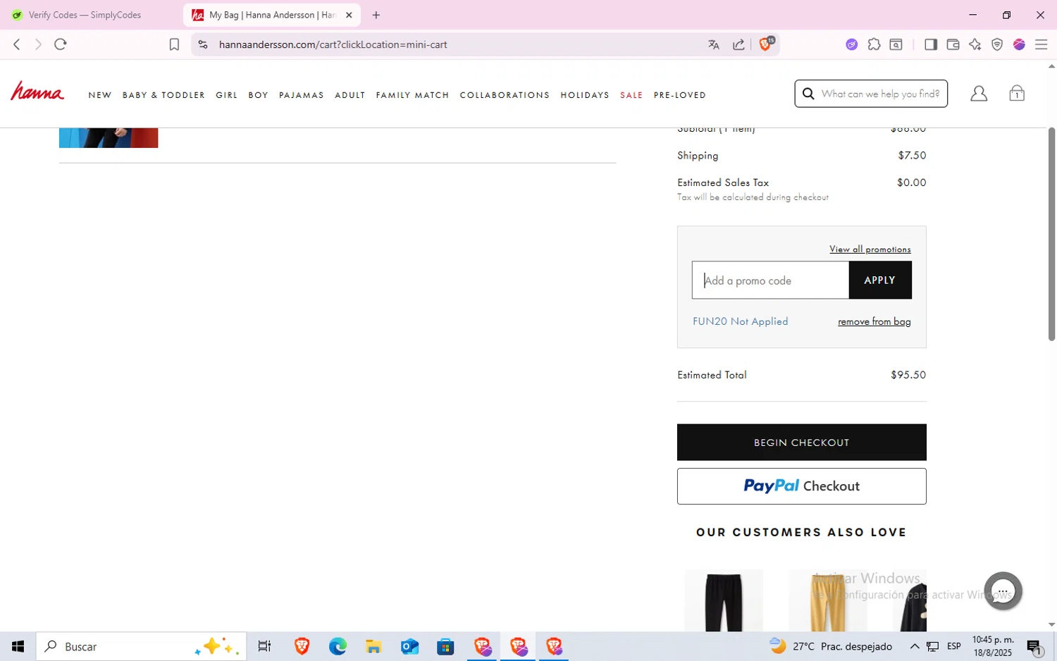 Hanna Andersson promo code screenshot showing code FUN20 applied at Hanna Andersson checkout page. Uploaded by SimplyCodes community member GoldMonarch7280 on Aug 19, 2025
