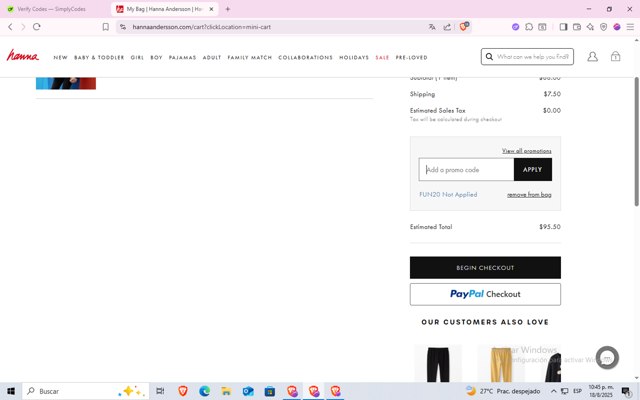 Hanna Andersson checkout page showing Hanna Andersson promo code box | Screenshot taken by SimplyCodes community member on Aug 19, 2025