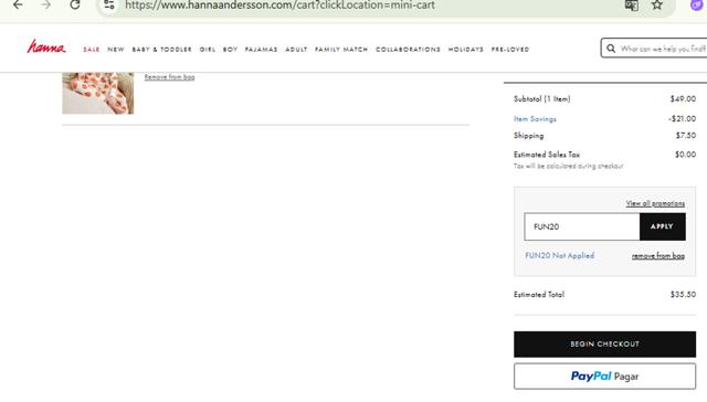 Hanna Andersson checkout page showing Hanna Andersson promo code box | Screenshot taken by SimplyCodes community member on Sep 1, 2025