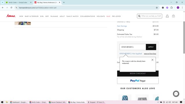 Hanna Andersson checkout page showing Hanna Andersson promo code box | Screenshot taken by SimplyCodes community member on Aug 19, 2025