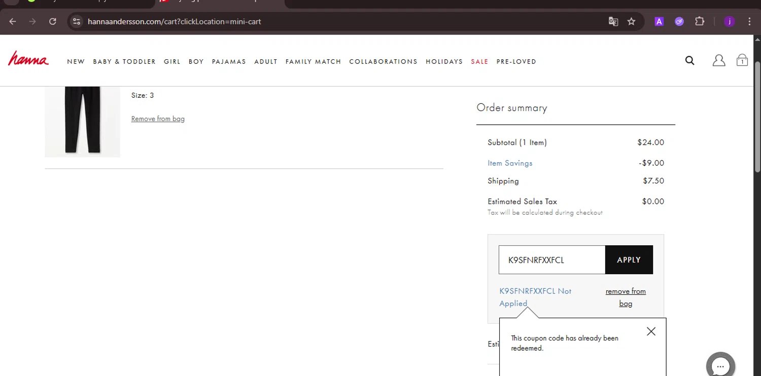 Hanna Andersson promo code screenshot showing code K9SFNRFXXFCL applied at Hanna Andersson checkout page. Uploaded by SimplyCodes community member CoinMaverick1452 on Aug 9, 2025