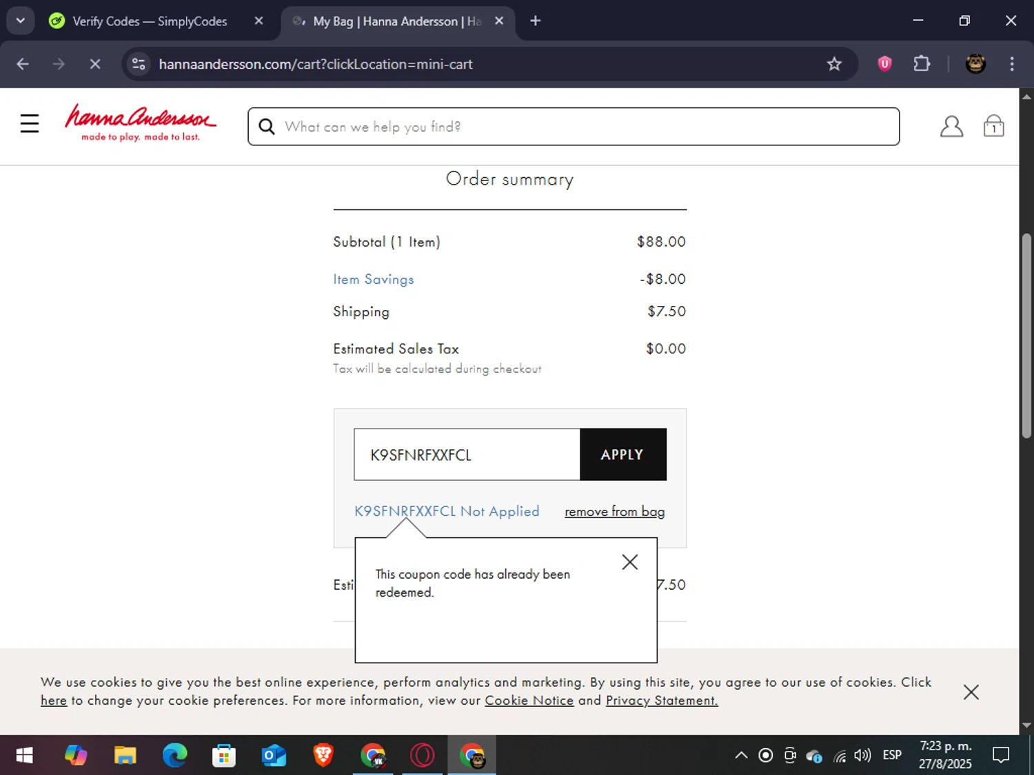 Hanna Andersson promo code screenshot showing code K9SFNRFXXFCL applied at Hanna Andersson checkout page. Uploaded by SimplyCodes community member abrahanv on Aug 27, 2025