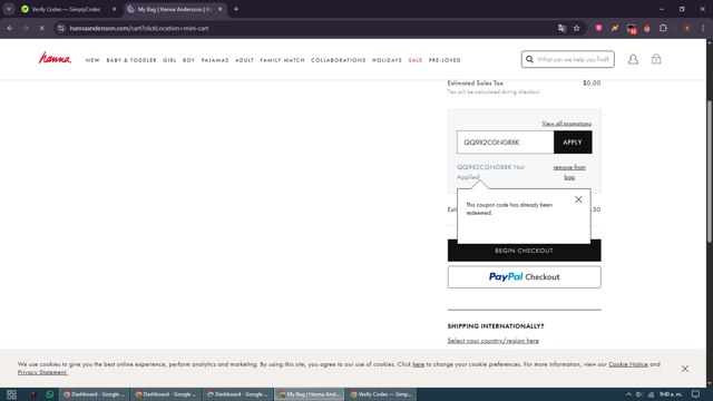 Hanna Andersson checkout page showing Hanna Andersson promo code box | Screenshot taken by SimplyCodes community member on Aug 19, 2025