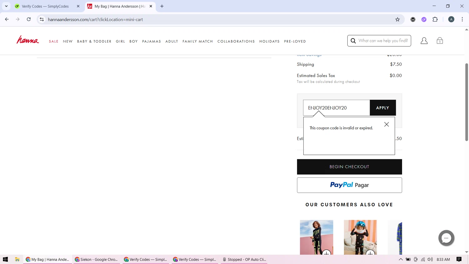Hanna Andersson promo code screenshot showing code ENJOY20 applied at Hanna Andersson checkout page. Uploaded by SimplyCodes community member BonusMonarch7015 on Aug 23, 2025
