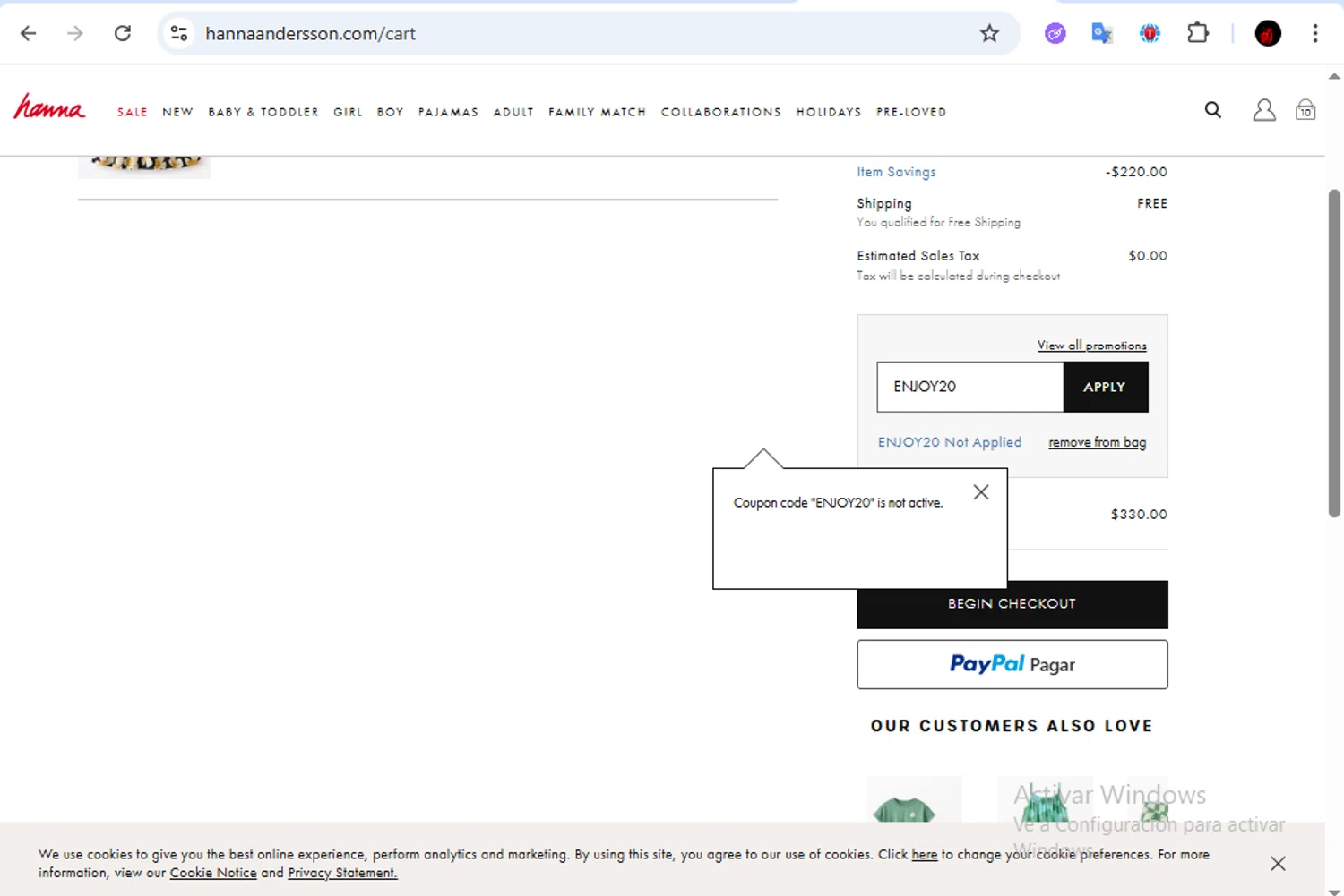 Hanna Andersson promo code screenshot showing code ENJOY20 applied at Hanna Andersson checkout page. Uploaded by SimplyCodes community member Francisco01 on Aug 23, 2025