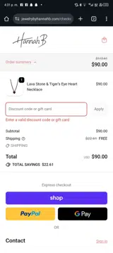 Hannah B Jewelry coupon verification screenshot