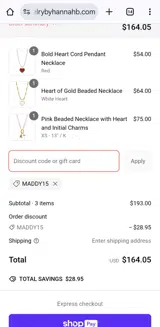 Hannah B Jewelry coupon verification screenshot