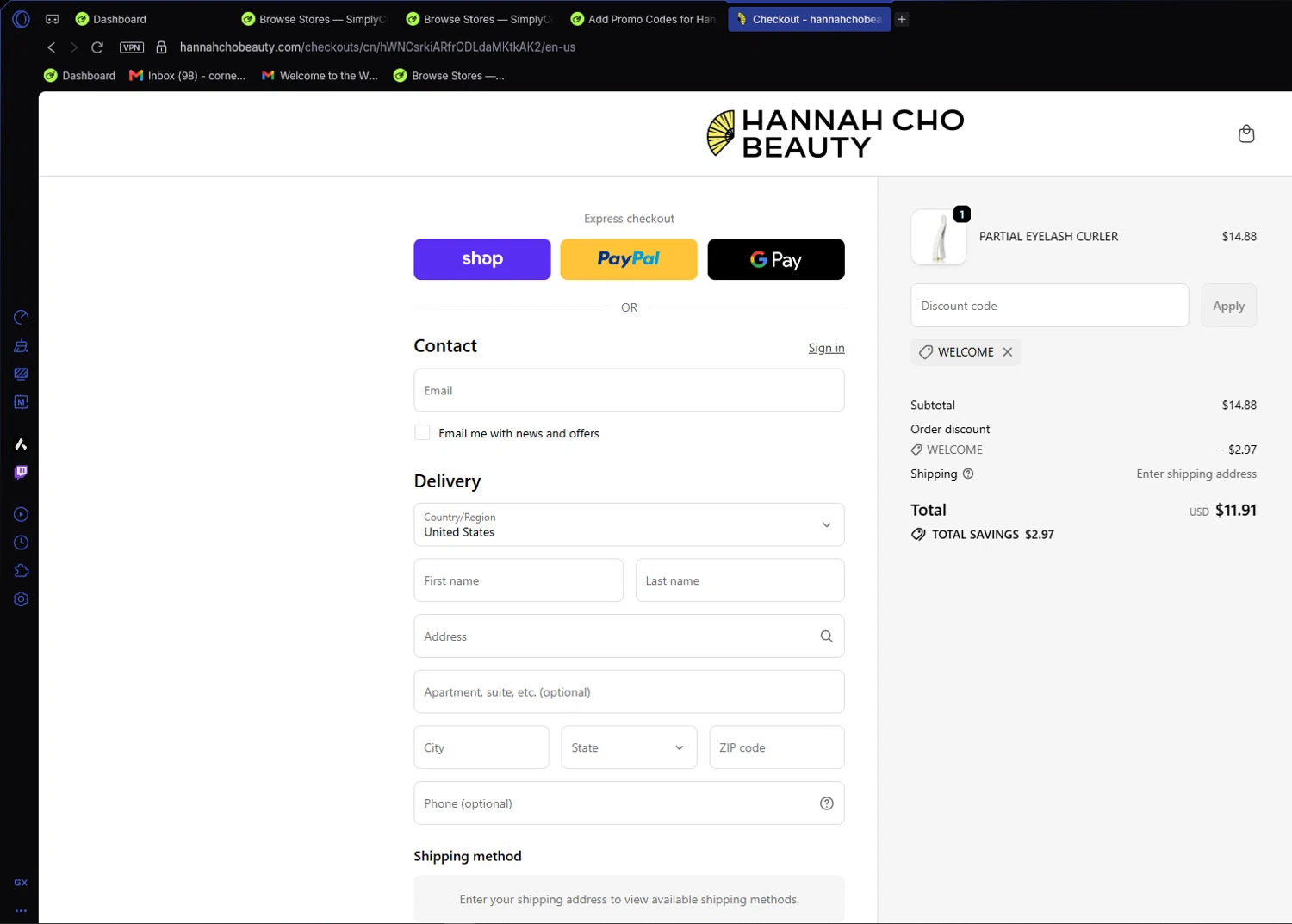 Hannah Cho Beauty promo code screenshot showing code WELCOME applied at Hannah Cho Beauty checkout page. Uploaded by SimplyCodes community member VictoriousCaptain3902 on Jun 2, 2026