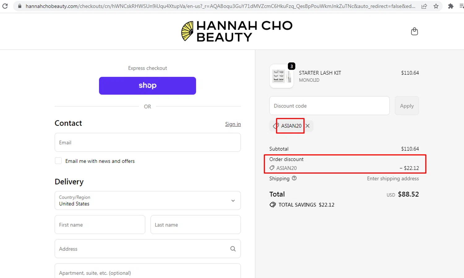 Hannah Cho Beauty promo code screenshot showing code ASIAN20 applied at Hannah Cho Beauty checkout page. Uploaded by SimplyCodes community member nileskamarcano on Jun 2, 2026
