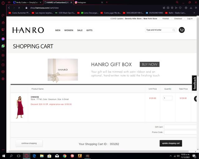 Hanro checkout page showing Hanro discount code box | Screenshot taken by SimplyCodes community member on Dec 10, 2021