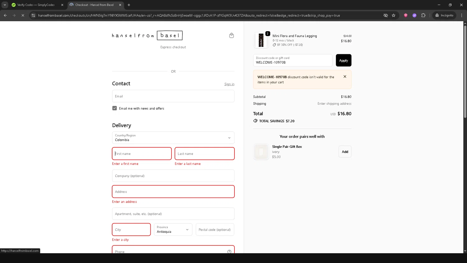 Hansel from Basel promo code screenshot showing code WELCOME-10970B applied at Hansel from Basel checkout page. Uploaded by SimplyCodes community member AVATIGRITO on Nov 27, 2025