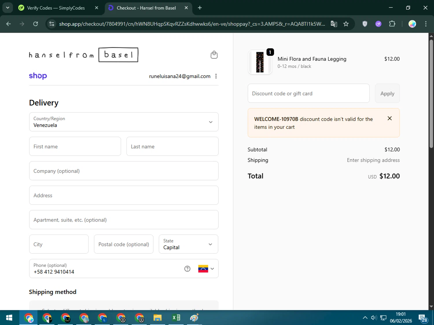 Hansel from Basel promo code screenshot showing code WELCOME-10970B applied at Hansel from Basel checkout page. Uploaded by SimplyCodes community member Estrellitacoairis on Feb 6, 2026