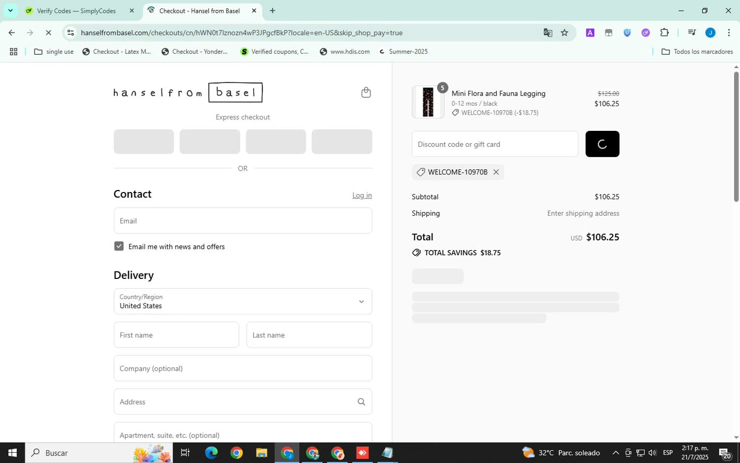Hansel from Basel promo code screenshot showing code WELCOME-10970B applied at Hansel from Basel checkout page. Uploaded by SimplyCodes community member ELVERGALARGA on Jul 21, 2025