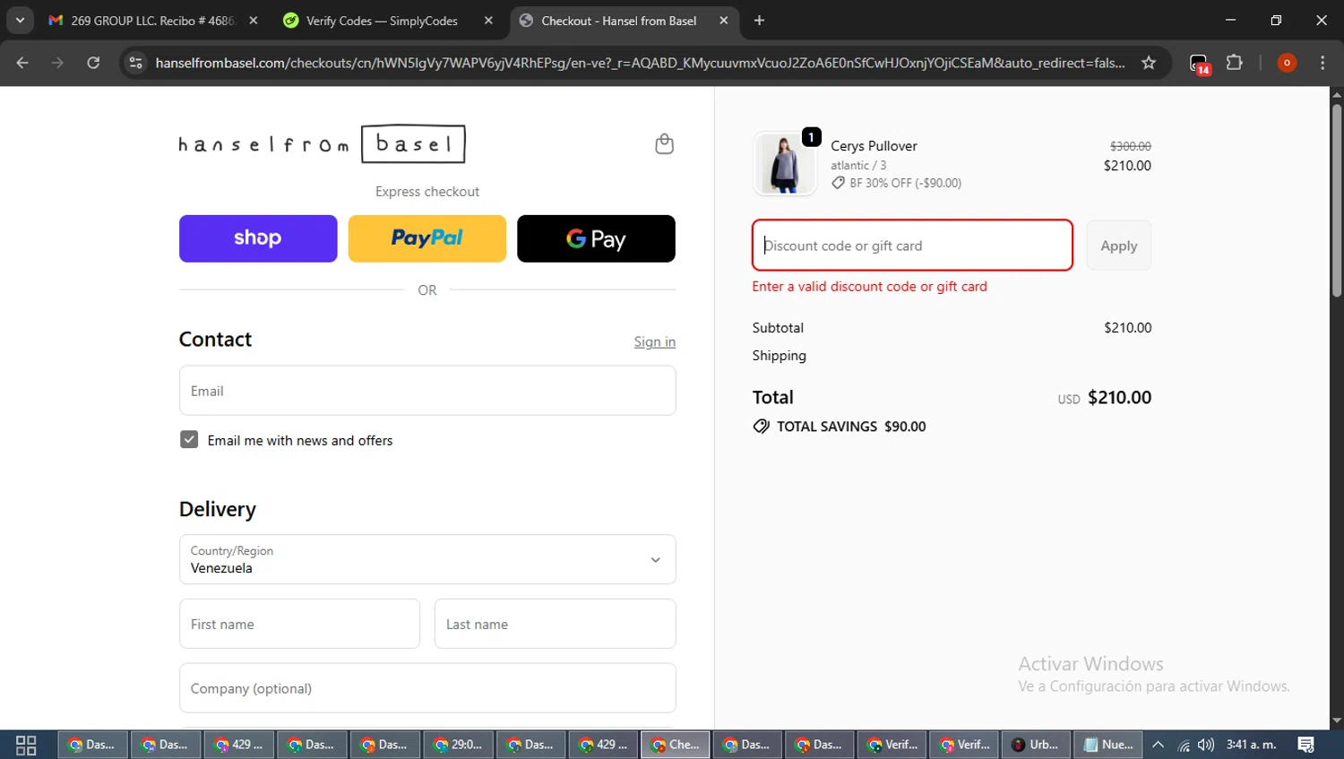 Hansel from Basel promo code screenshot showing code TYVIP30 applied at Hansel from Basel checkout page. Uploaded by SimplyCodes community member WiseTracker2171 on Nov 27, 2025
