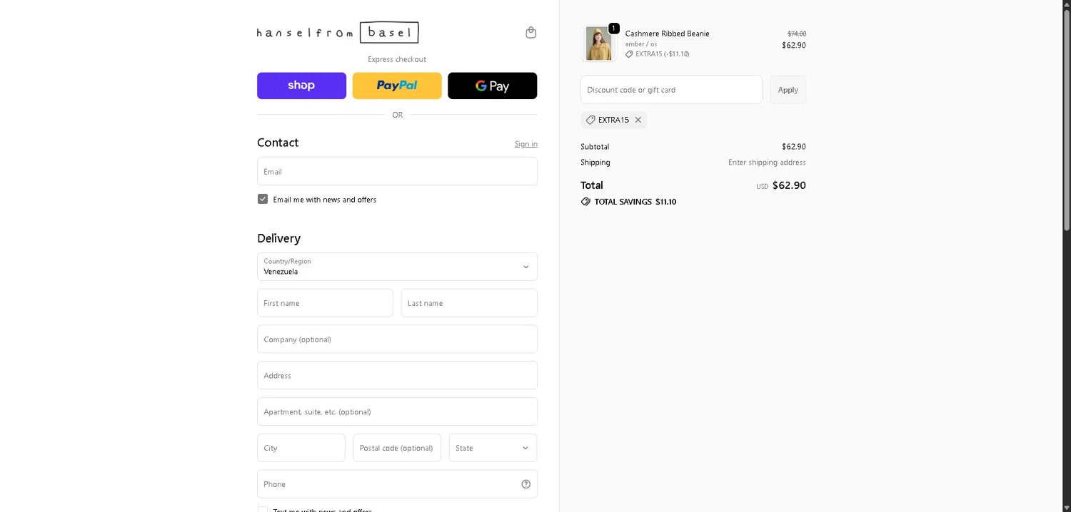 Hansel from Basel promo code screenshot showing code EXTRA15 applied at Hansel from Basel checkout page. Uploaded by SimplyCodes community member SwiftLynx7415 on Dec 7, 2025