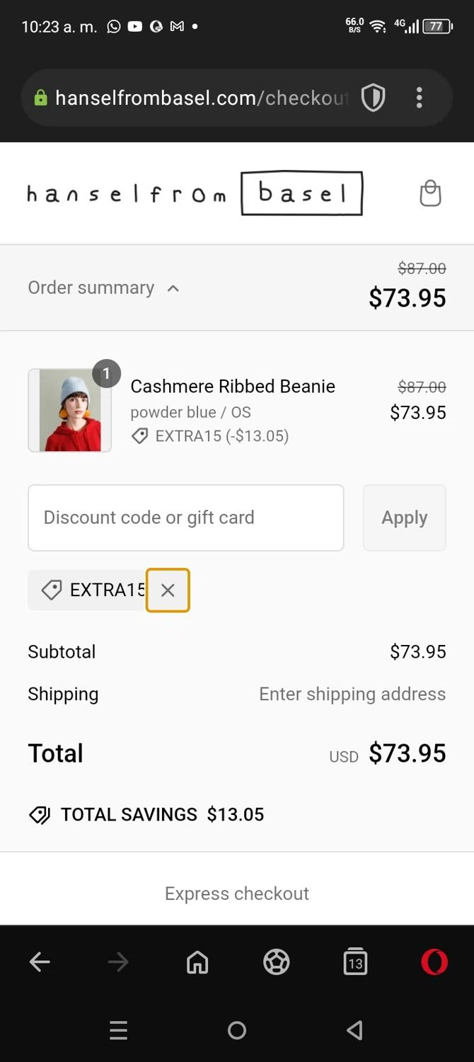 Hansel from Basel promo code screenshot showing code EXTRA15 applied at Hansel from Basel checkout page. Uploaded by SimplyCodes community member xXRonXx on Feb 6, 2025