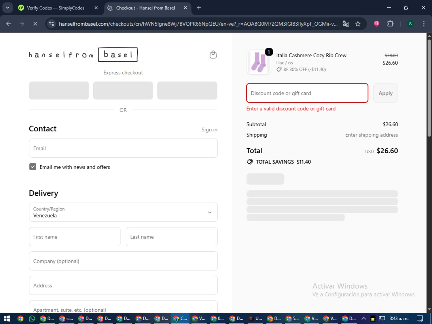 Hansel from Basel promo code screenshot showing code TFVIP30 applied at Hansel from Basel checkout page. Uploaded by SimplyCodes community member lilMosey on Nov 27, 2025