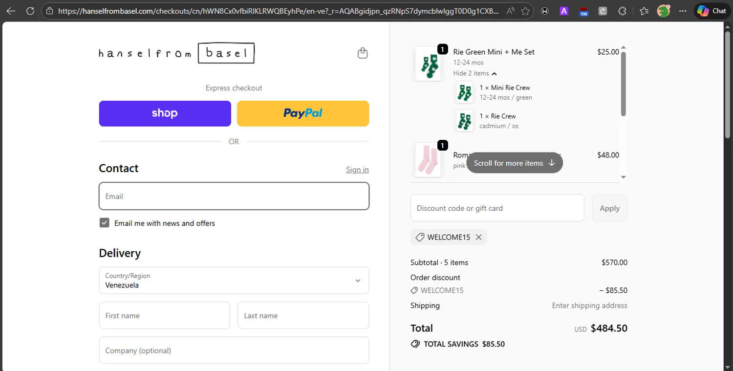 Hansel from Basel promo code screenshot showing code WELCOME15 applied at Hansel from Basel checkout page. Uploaded by SimplyCodes community member PrincessCoupon on Jan 30, 2026