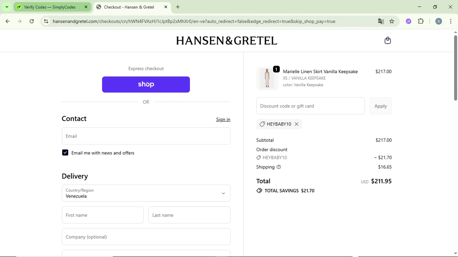 Hansen & Gretel promo code screenshot showing code HEYBABY10 applied at Hansen & Gretel checkout page. Uploaded by SimplyCodes community member DiscountVirtuoso6243 on Oct 18, 2025
