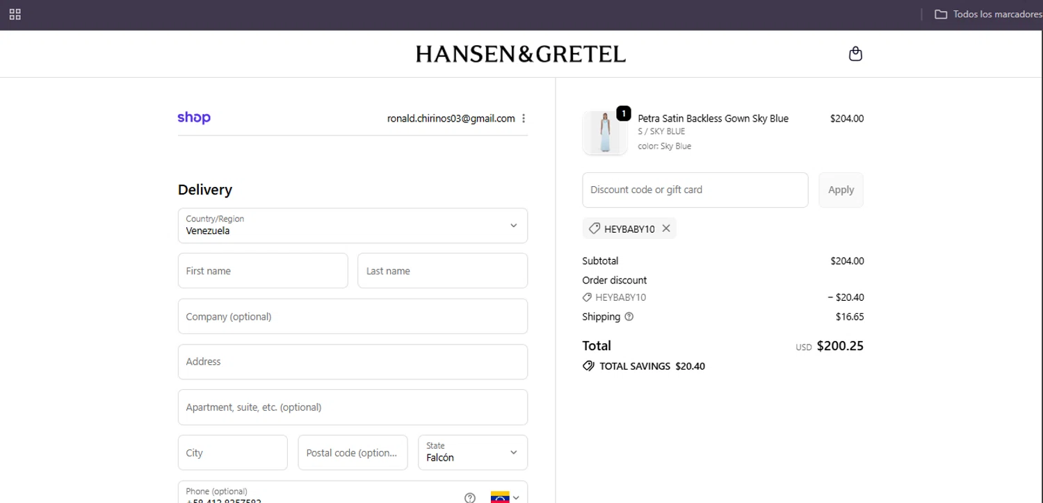 Hansen & Gretel promo code screenshot showing code HEYBABY10 applied at Hansen & Gretel checkout page. Uploaded by SimplyCodes community member Egni_149037891 on Oct 18, 2025