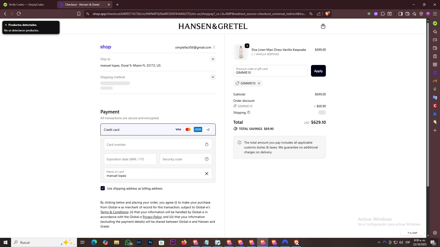 Hansen & Gretel promo code screenshot showing code GIMMIE10 applied at Hansen & Gretel checkout page. Uploaded by SimplyCodes community member ArtPOPO on Oct 22, 2025