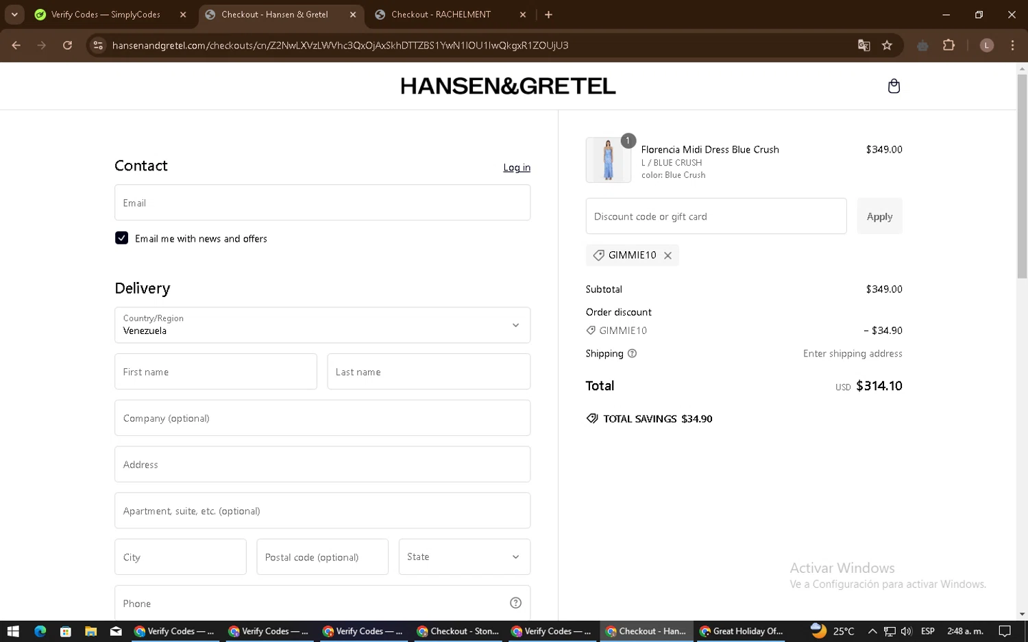 Hansen & Gretel promo code screenshot showing code GIMMIE10 applied at Hansen & Gretel checkout page. Uploaded by SimplyCodes community member BrilliantTiger9986 on Jan 12, 2025