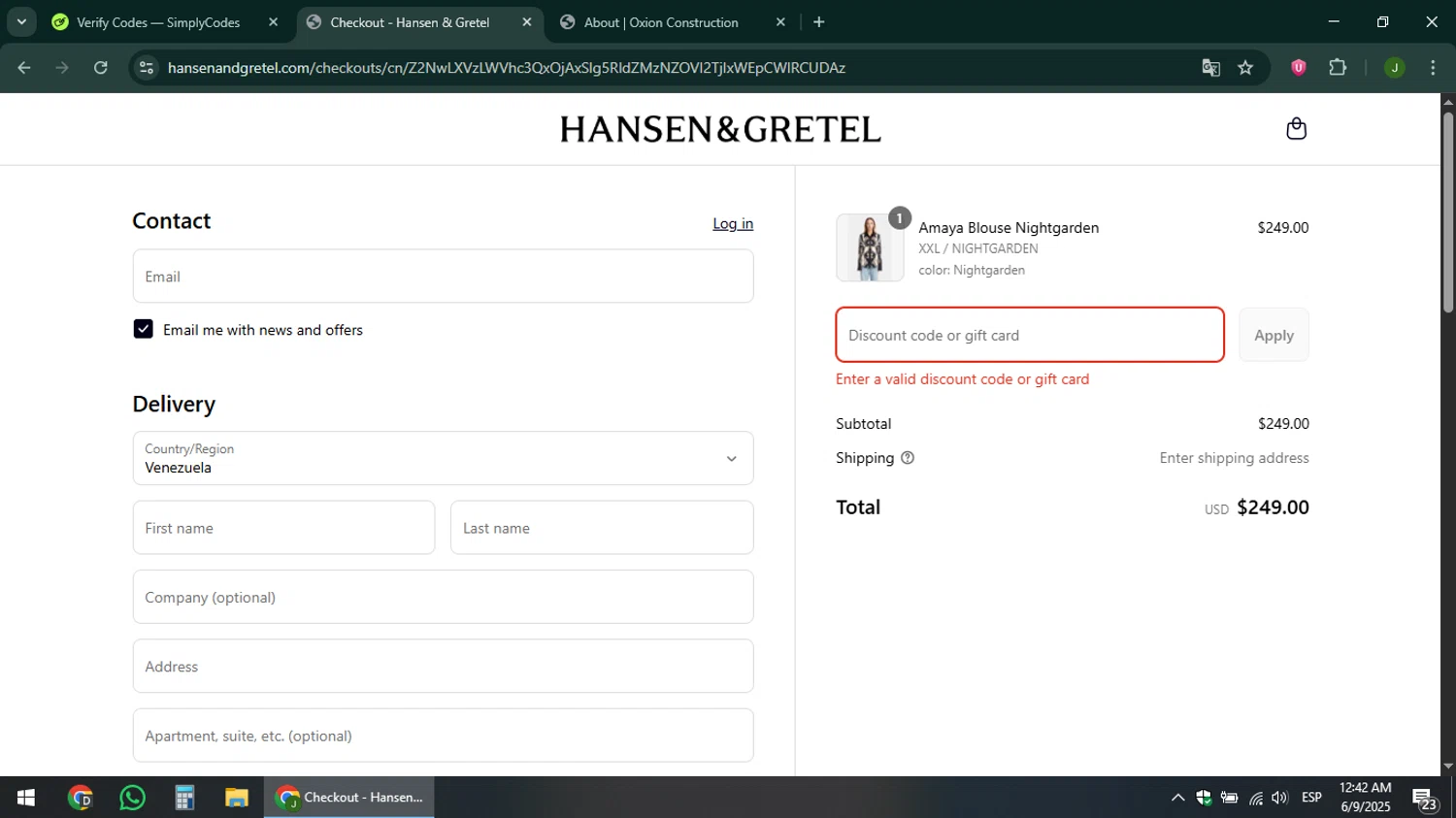 Hansen & Gretel promo code screenshot showing code HONEY25 applied at Hansen & Gretel checkout page. Uploaded by SimplyCodes community member ShieldFinder369 on Jun 9, 2025