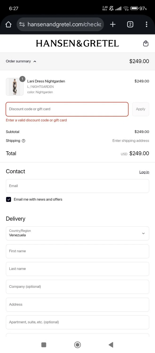 Hansen & Gretel promo code screenshot showing code HONEY25 applied at Hansen & Gretel checkout page. Uploaded by SimplyCodes community member Bjhfuhdf on Jun 9, 2025