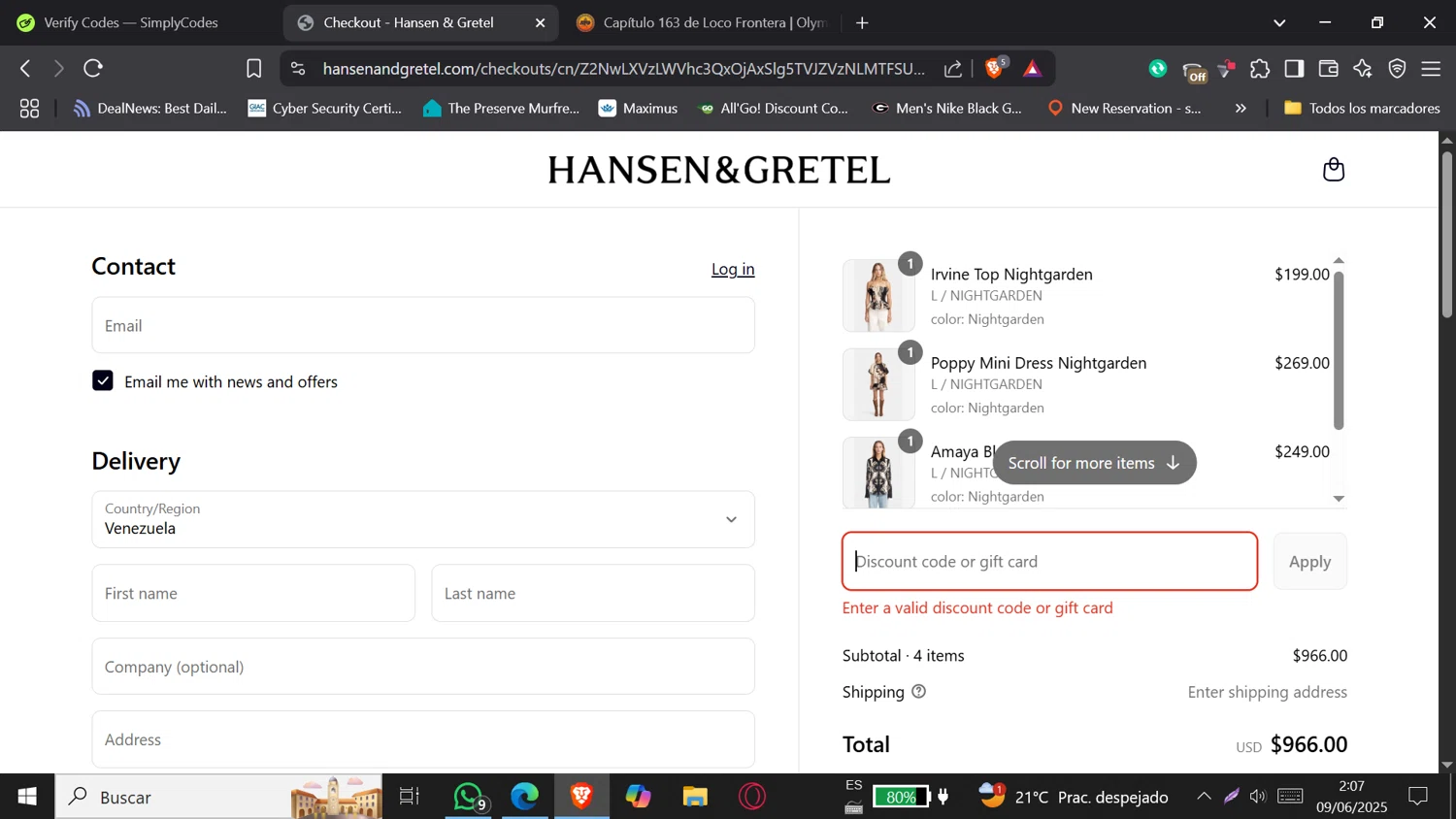 Hansen & Gretel promo code screenshot showing code HONEY25 applied at Hansen & Gretel checkout page. Uploaded by SimplyCodes community member DORIANGEL on Jun 9, 2025