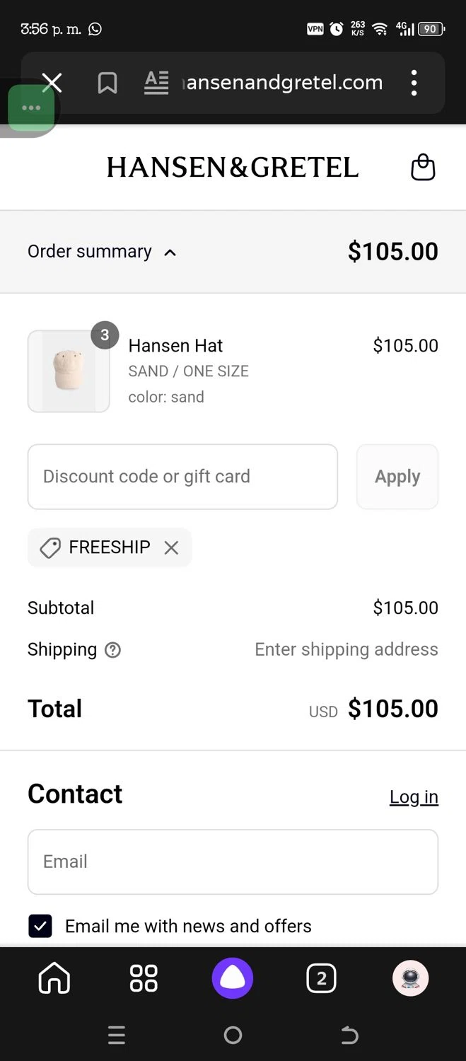 Hansen & Gretel promo code screenshot showing code FREESHIP applied at Hansen & Gretel checkout page. Uploaded by SimplyCodes community member CashSaver3941 on Jun 25, 2025