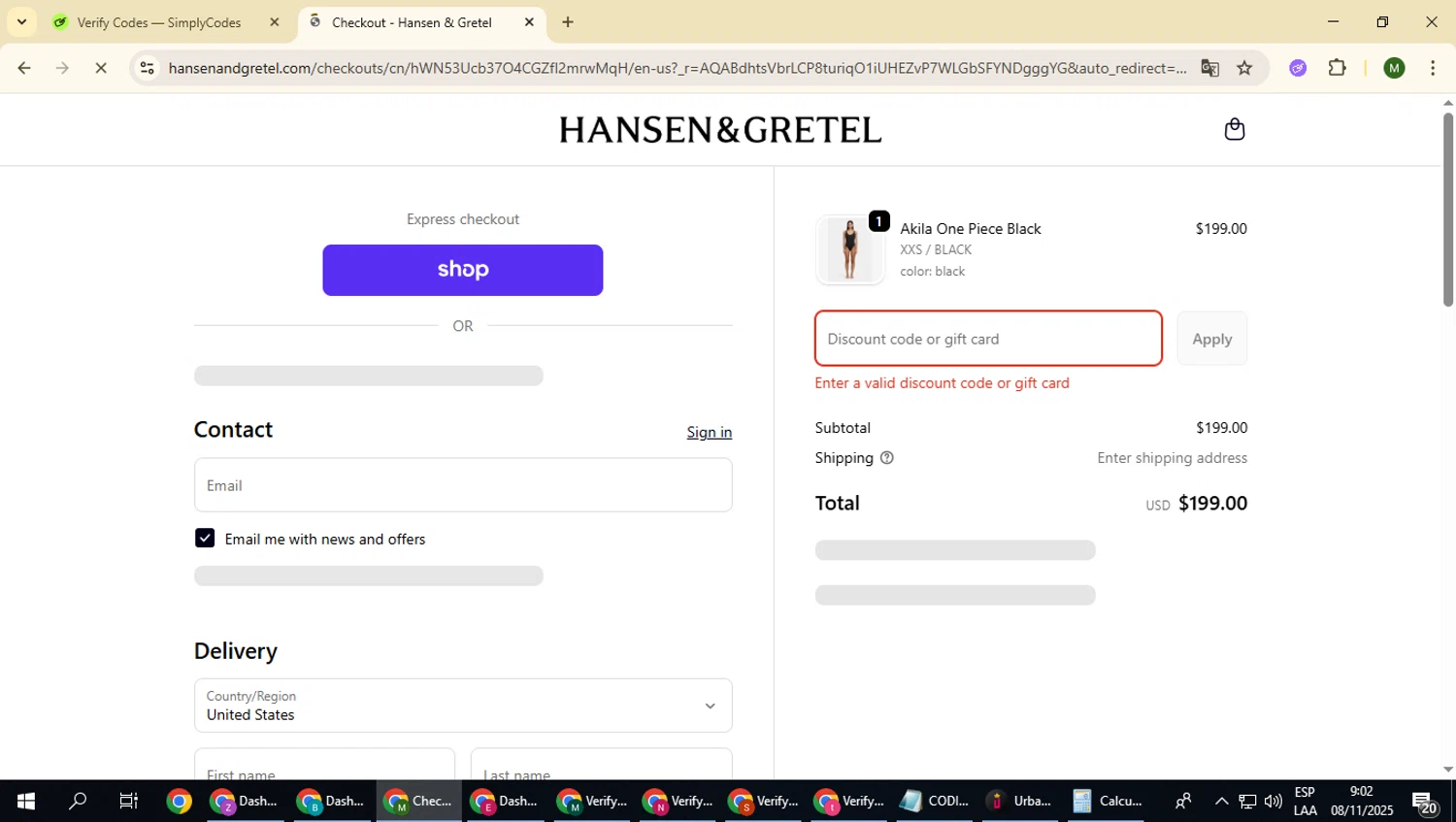 Hansen & Gretel promo code screenshot showing code FREESHIP applied at Hansen & Gretel checkout page. Uploaded by SimplyCodes community member loversuper on Nov 8, 2025