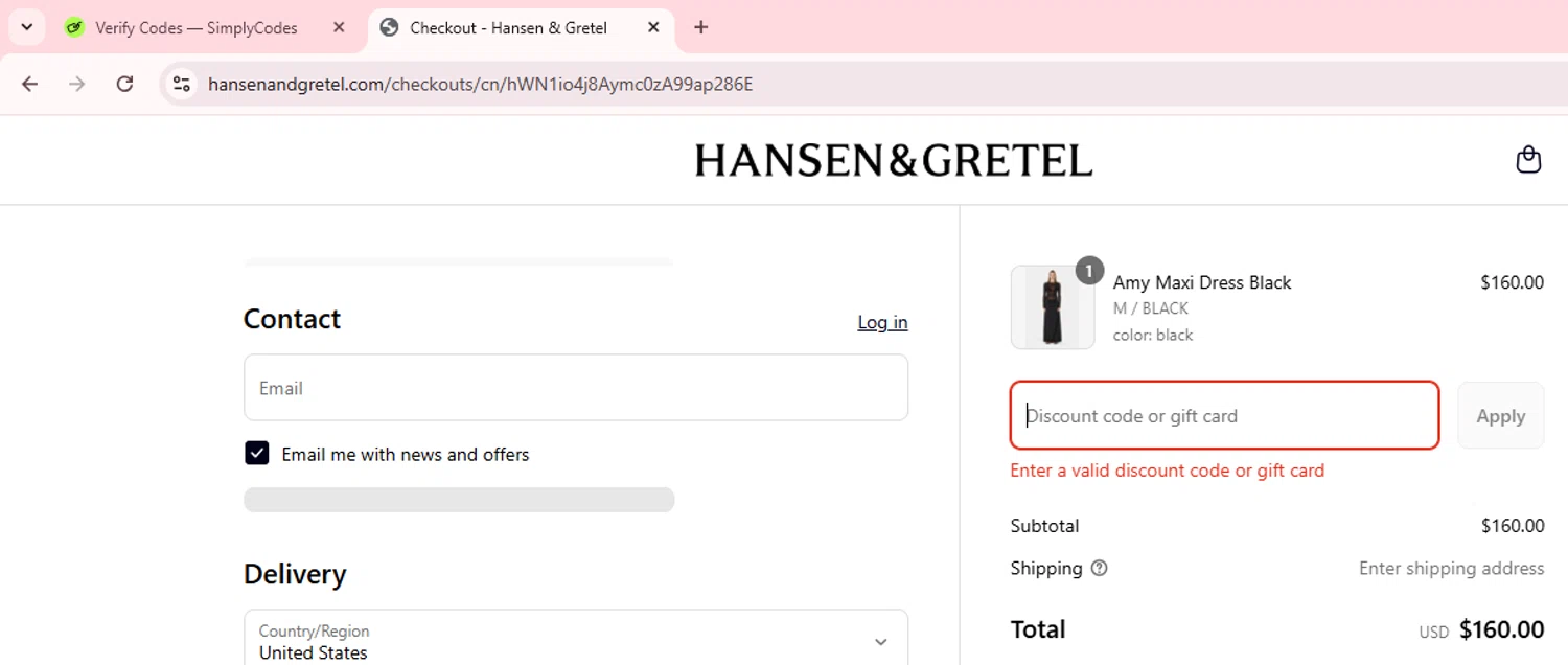 Hansen & Gretel promo code screenshot showing code EXTRATEN applied at Hansen & Gretel checkout page. Uploaded by SimplyCodes community member ManTheWeed on Aug 12, 2025