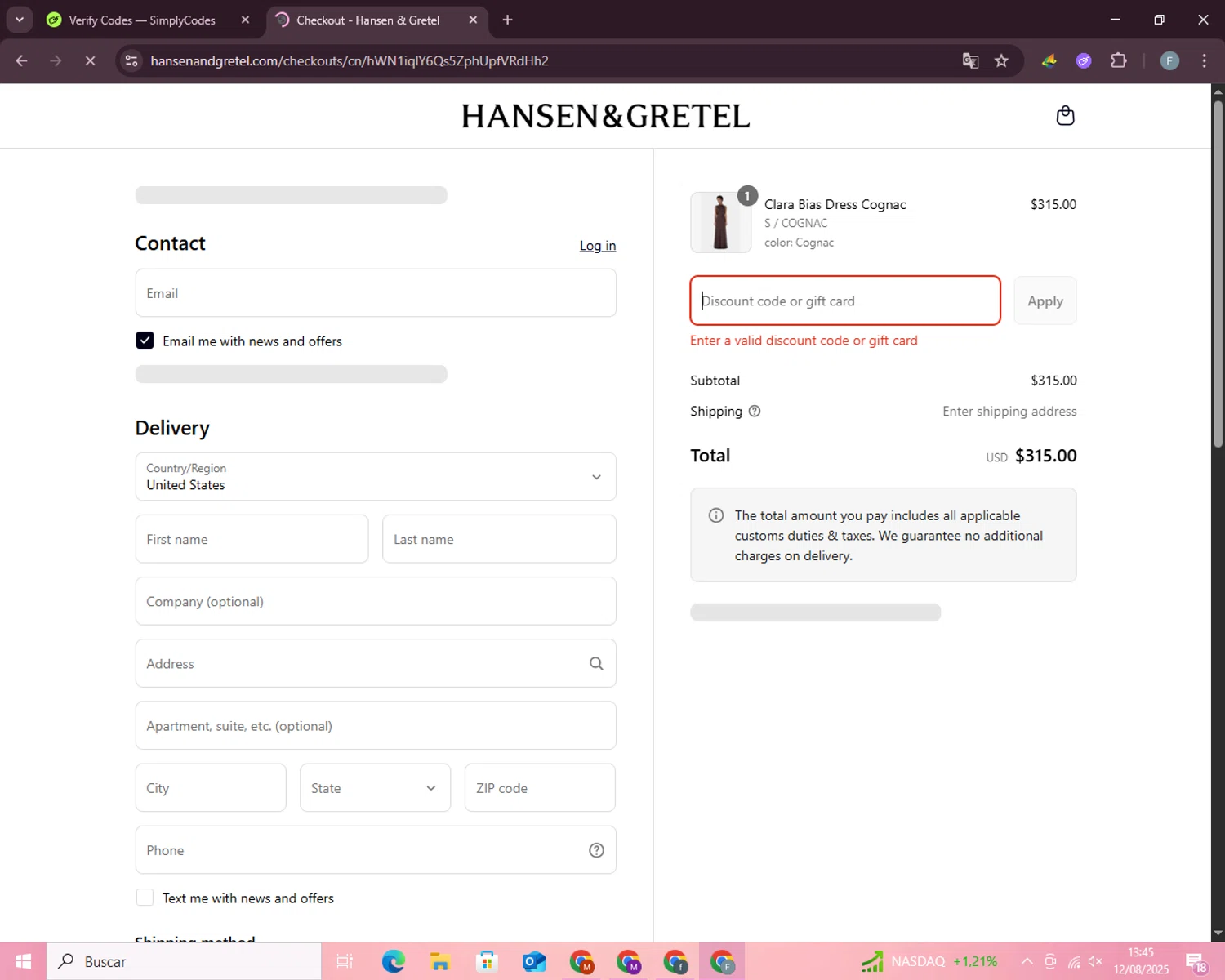 Hansen & Gretel promo code screenshot showing code EXTRATEN applied at Hansen & Gretel checkout page. Uploaded by SimplyCodes community member WiseSeeker9794 on Aug 12, 2025