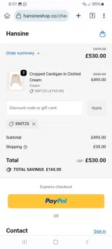 Hansine coupon verification screenshot
