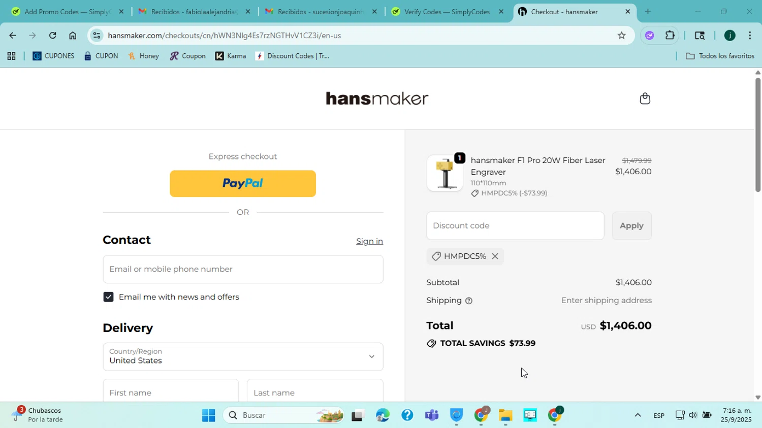 hansmaker promo code screenshot showing code HMPDC5% applied at hansmaker checkout page. Uploaded by SimplyCodes community member ABHF23 on Sep 25, 2025
