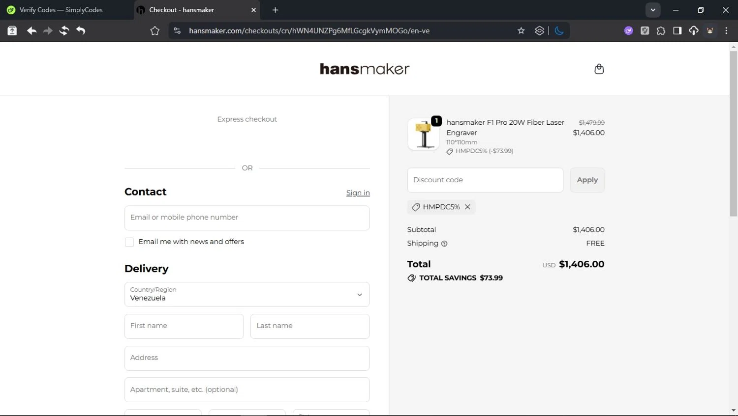 hansmaker promo code screenshot showing code HMPDC5% applied at hansmaker checkout page. Uploaded by SimplyCodes community member domain on Oct 24, 2025